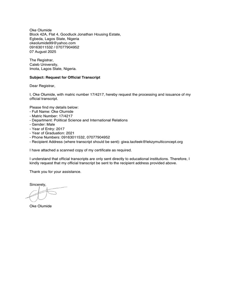 Official Transcript Request - Oke Olumide | PDF