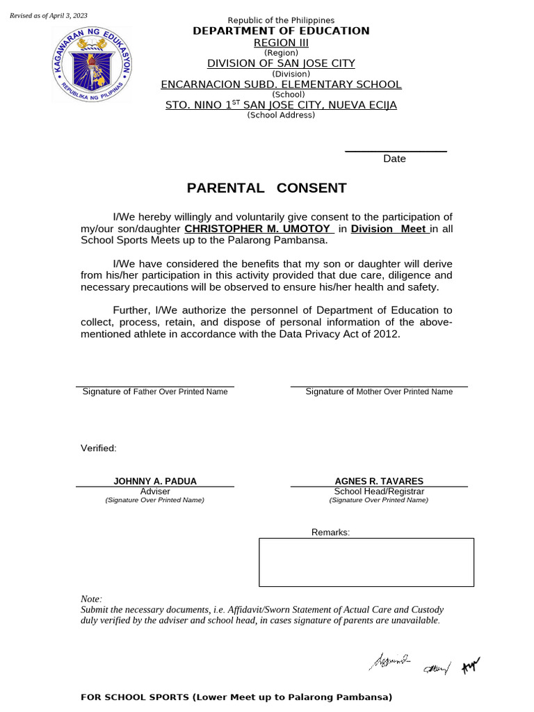 Parental Consent for Sports Participation | PDF | Evidence