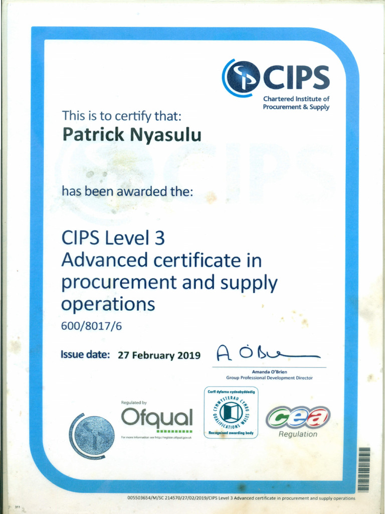 Patrick Nyasulu's CIPS Certifications | PDF