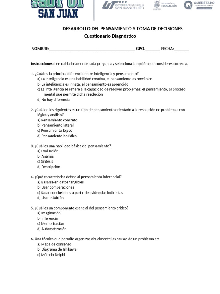 Cuestionario sobre Pensamiento y Decisiones | PDF