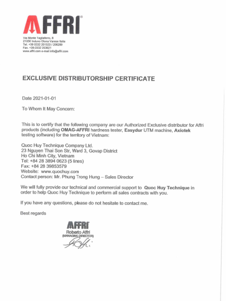Quochuy Technique - Exclusive Distributor Certificate - Vietname | PDF