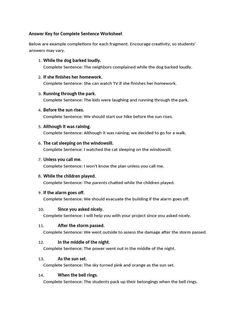 Complete Sentence Worksheet Answer Key | PDF | Chess Openings | Chess