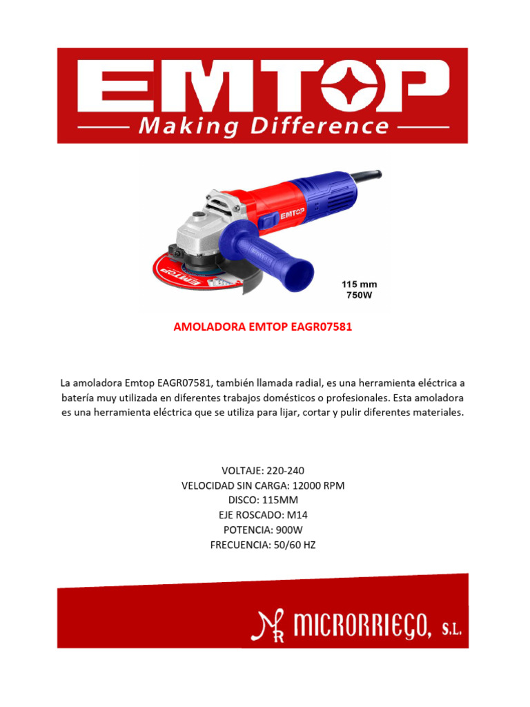 Amoladora Emtop EAGR07581: 900W y 12000 RPM | PDF