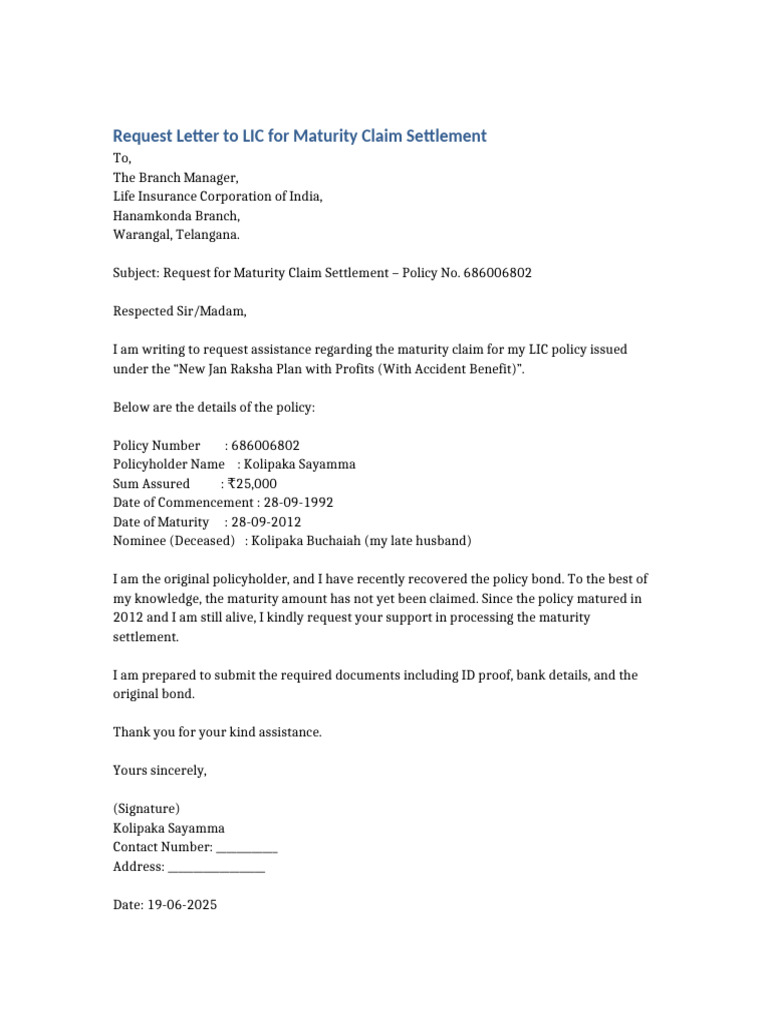 LIC Maturity Claim Request Letter | PDF