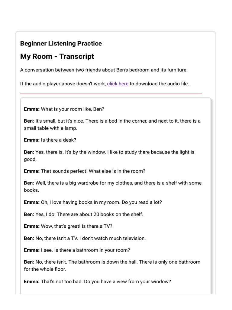 Beginner Listening Exercise - My Room - Transcript | PDF