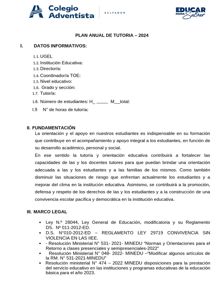 Plan Anual de Tutoría 2024 | PDF | Plan de estudios | Salón de clases