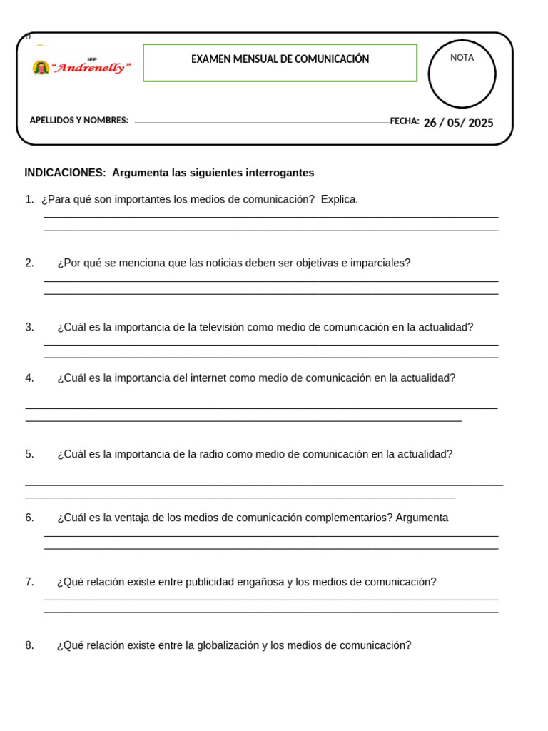 Examen Mensual de Comunicación - Mayo | PDF | Ajedrez