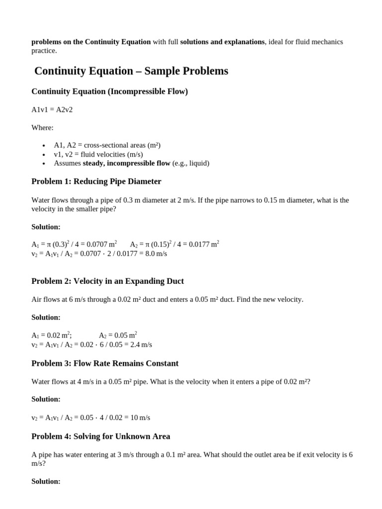 Continuity Equation Problem Solutions | PDF | Fluid Mechanics | Gases