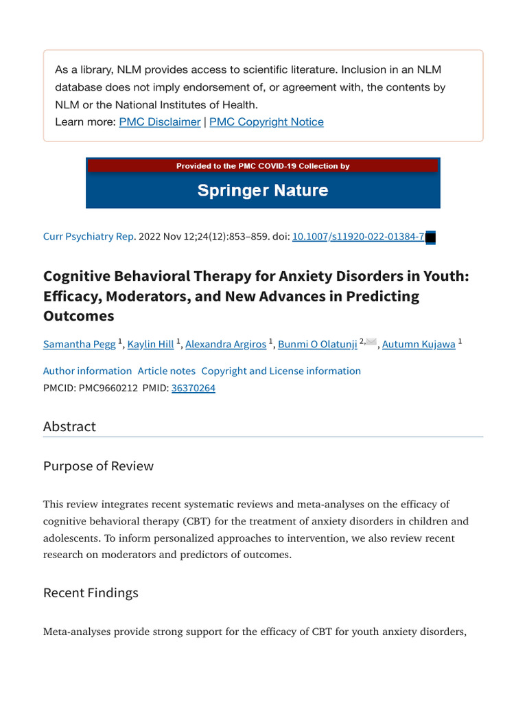 Cognitive Behavioral Therapy For Anxiety Disorders in Youth - Efficacy ...