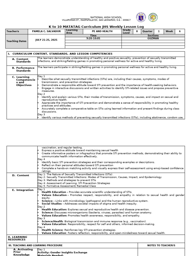 JHS PE & Health: STI Prevention Lesson Plan | PDF | Sexually ...