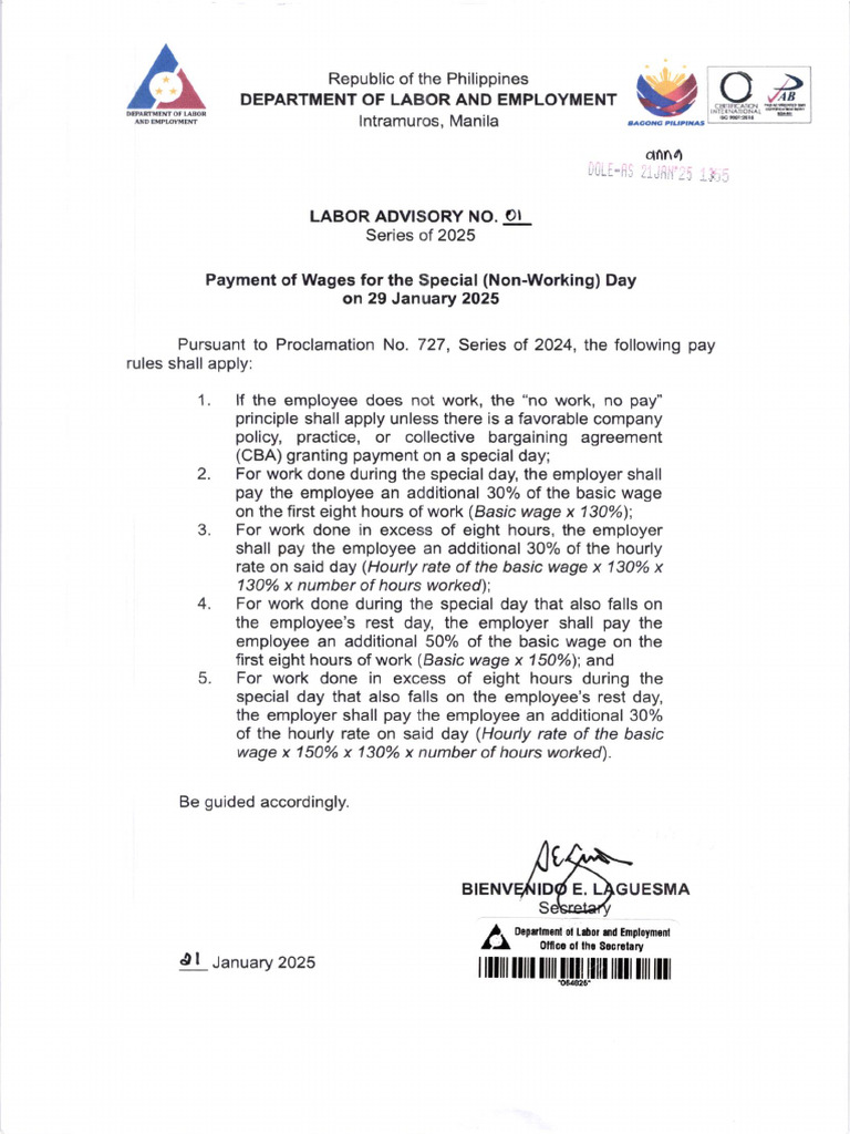 Proclamation No. 727: 2025 Holidays | PDF | Employment | Wage