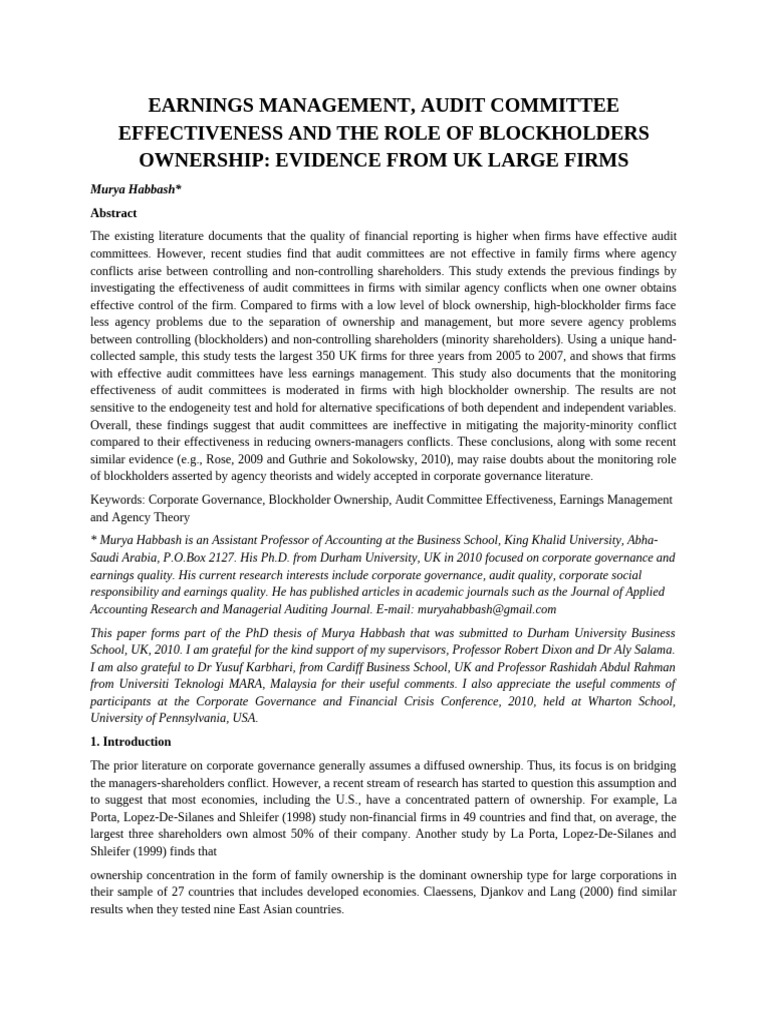 Audit Committees and Blockholder Impact | PDF | Corporate Governance ...
