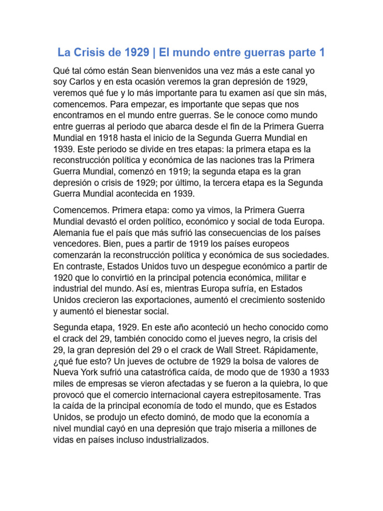 Crisis de 1929: Causas y Consecuencias | PDF | Gran depresion | Nuevo ...