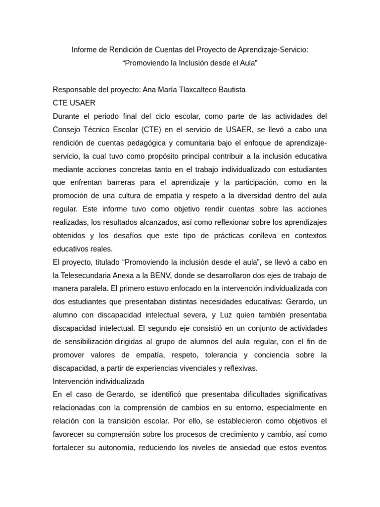 Inclusión Educativa: Informe de Proyecto | PDF | Inclusión (Educación ...