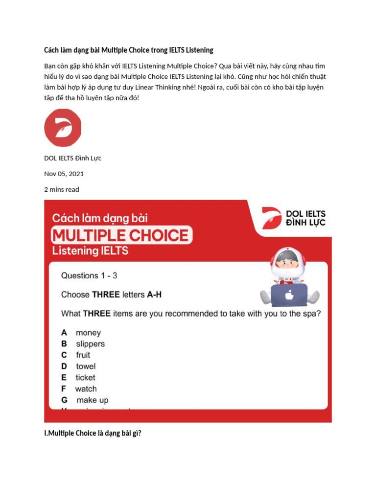 Cách Làm D NG Bài Multiple Choice Trong IELTS Listening | PDF