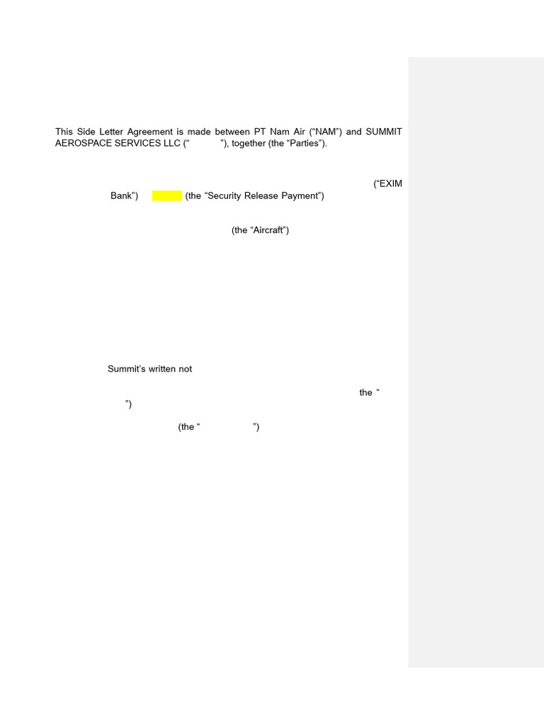 Side Letter Agreement for Aircraft Sale | PDF | Private Law | Business Law