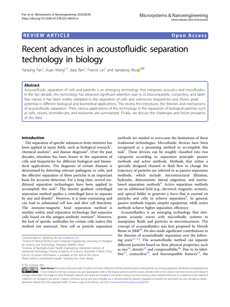 Recent Advances in Acousto Uidic Separation Technology in Biology | PDF ...