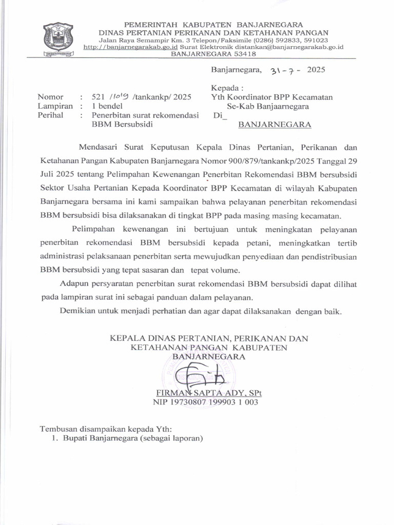Surat Penerbitan Rekomendasi BBM | PDF