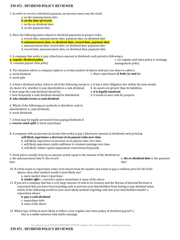 FIN 072 - Dividend Policy | PDF | Dividend | Share Repurchase