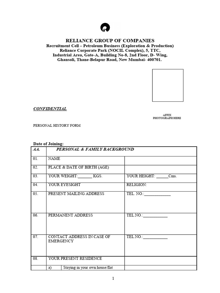 Reliance Form | PDF | Salary
