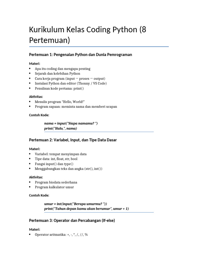 Kurikulum Kelas Coding Python 8 Pertemuan | PDF