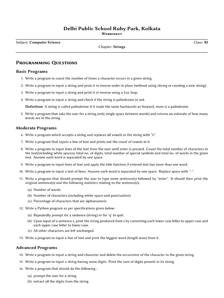 Worksheet (Programs) (Strings) | PDF | String (Computer Science ...