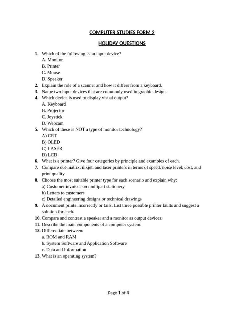Form 2 Computer Studies Holiday Questions | PDF | Spreadsheet ...