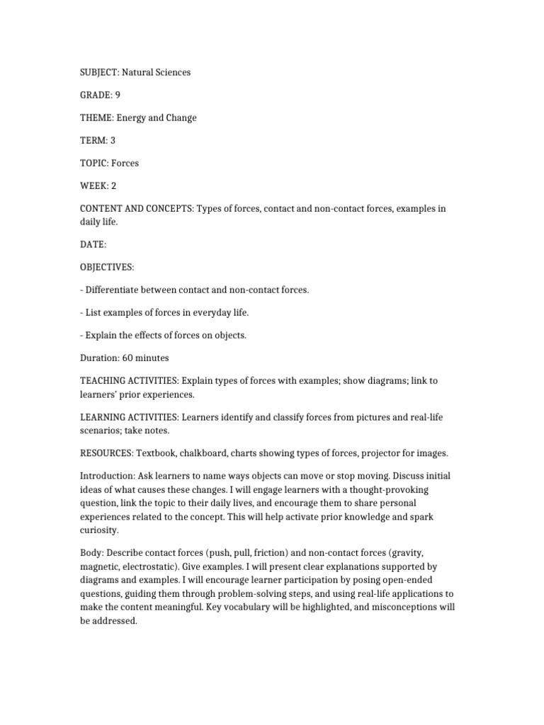 Grade 9 Term 3 Natural Sciences Plans | PDF | Learning | Force