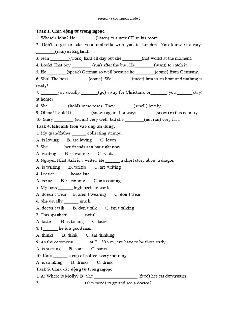 Present vs Continuous Tense Exercises | PDF