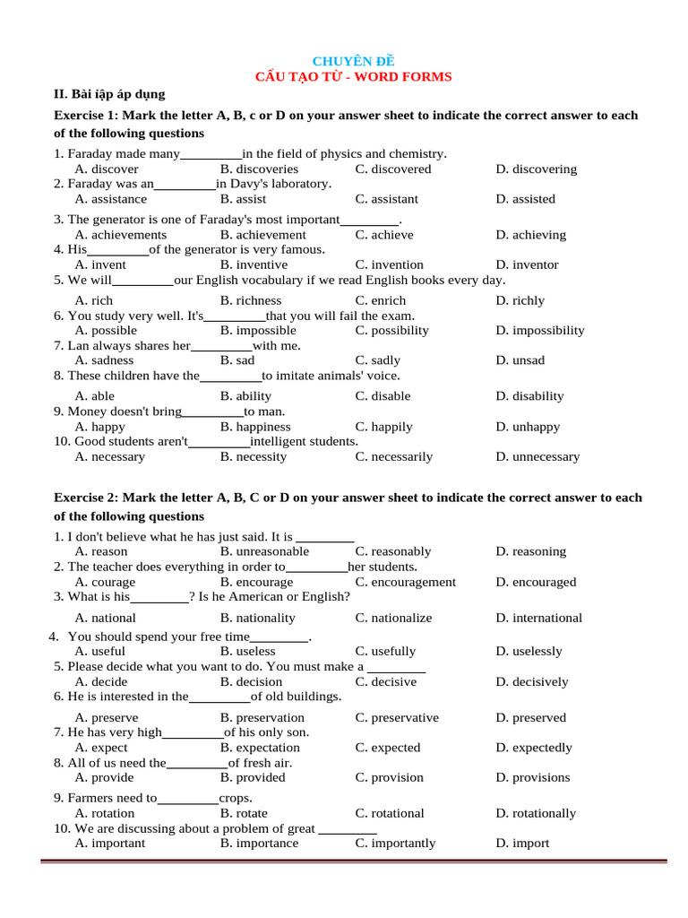 Word Forms Practice Exercises | PDF