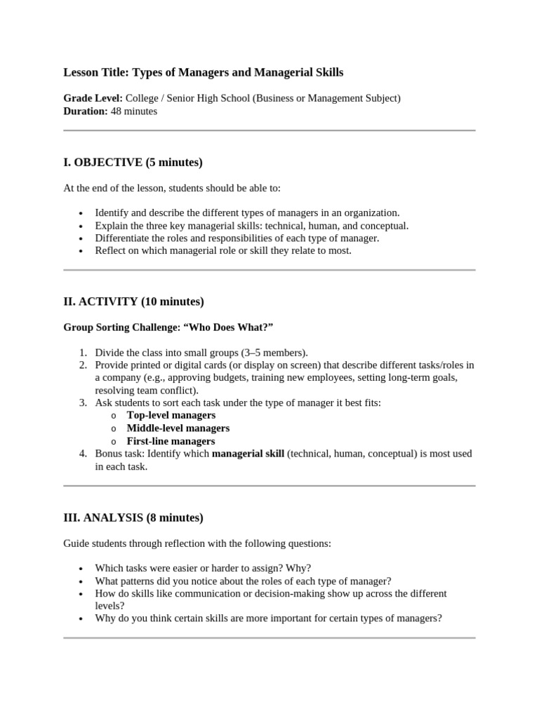 Types of Managers and Skills Overview | PDF | Skill | Teachers