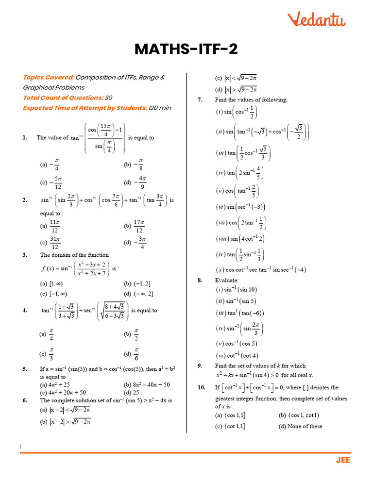 JEE Maths ITF-2: Questions & Solutions | PDF | Trigonometric Functions ...