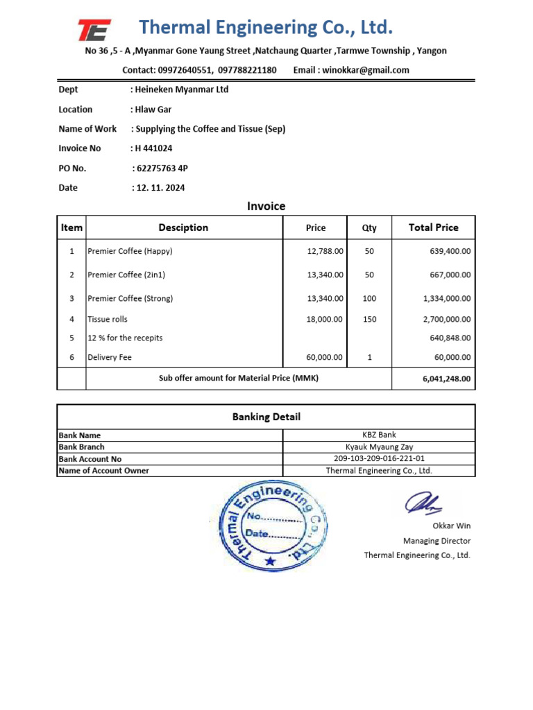 Invoice For Supply Coffee and Tissue (Oct) | PDF