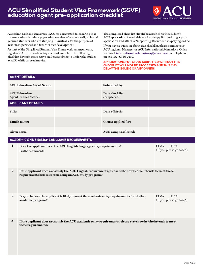 ACU Education Agent Application Checklist | PDF | Travel Visa