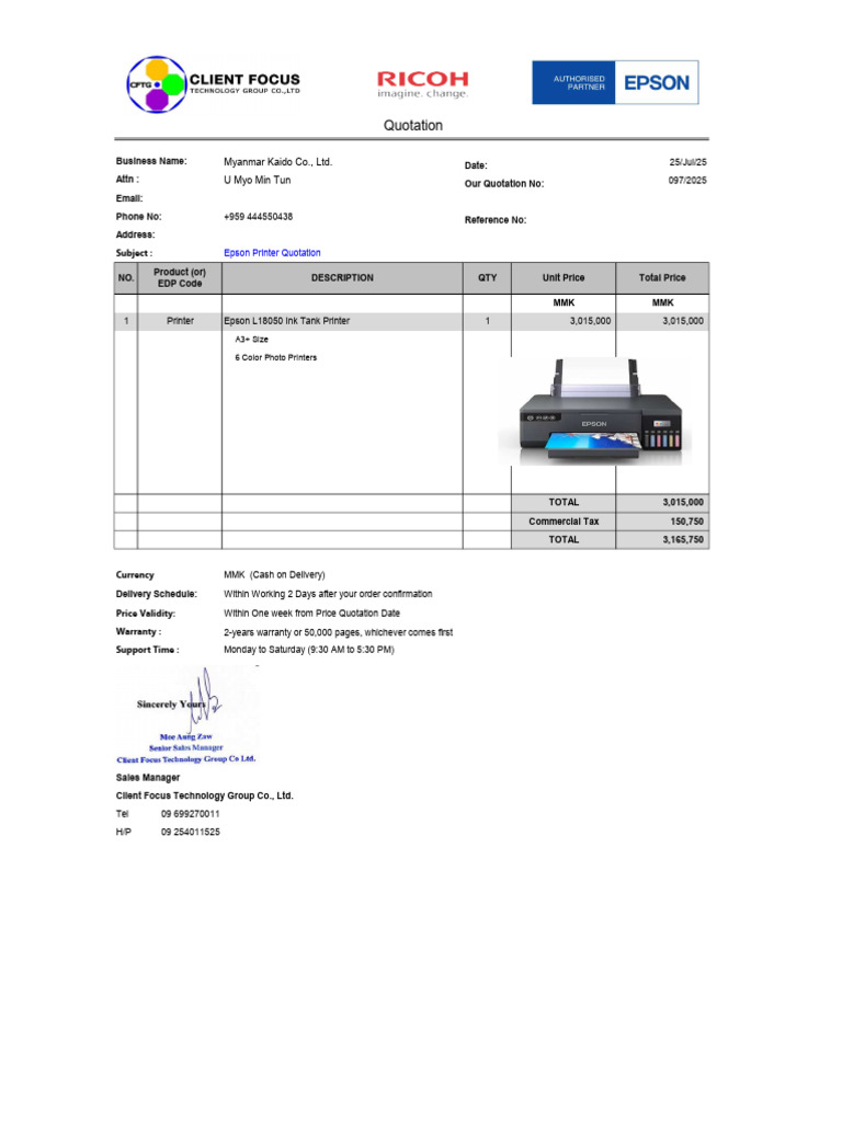 Quotation For L18050 Printer 250725 | PDF