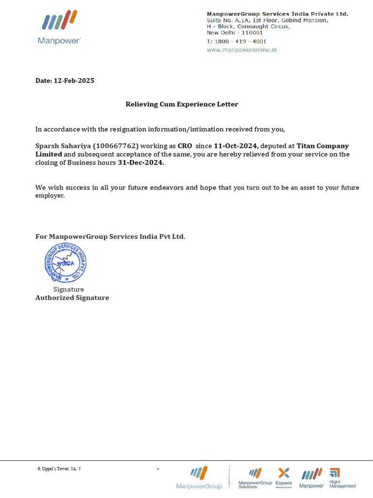Experience Letter - Sparsh Sahariya | PDF