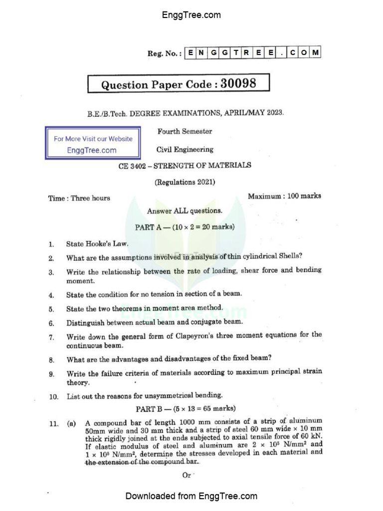 CE3402 Strength of Materials Apr May 2023 Question Paper Download | PDF