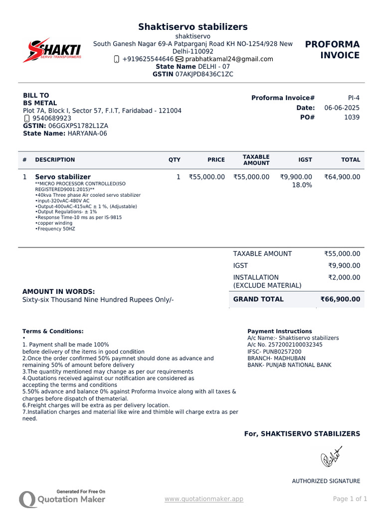 BS METAL OFFER For 40kva Air Cooled Servo Stabilizer | PDF