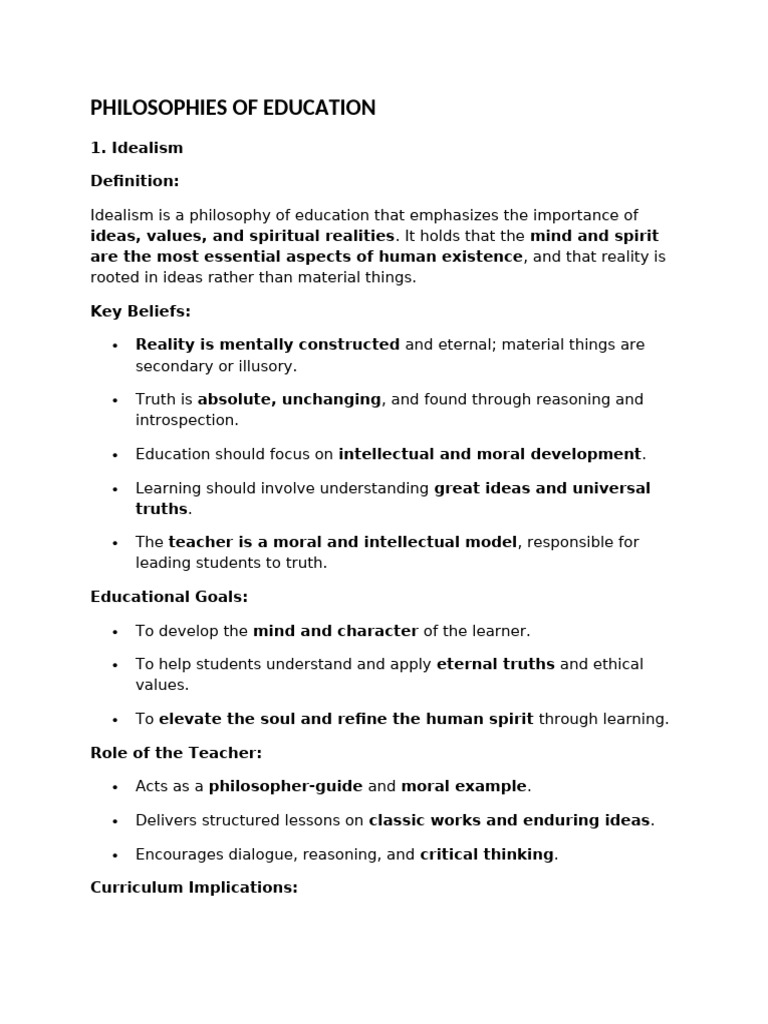 Educational Philosophies Explained | PDF | Philosophy Of Education | Truth