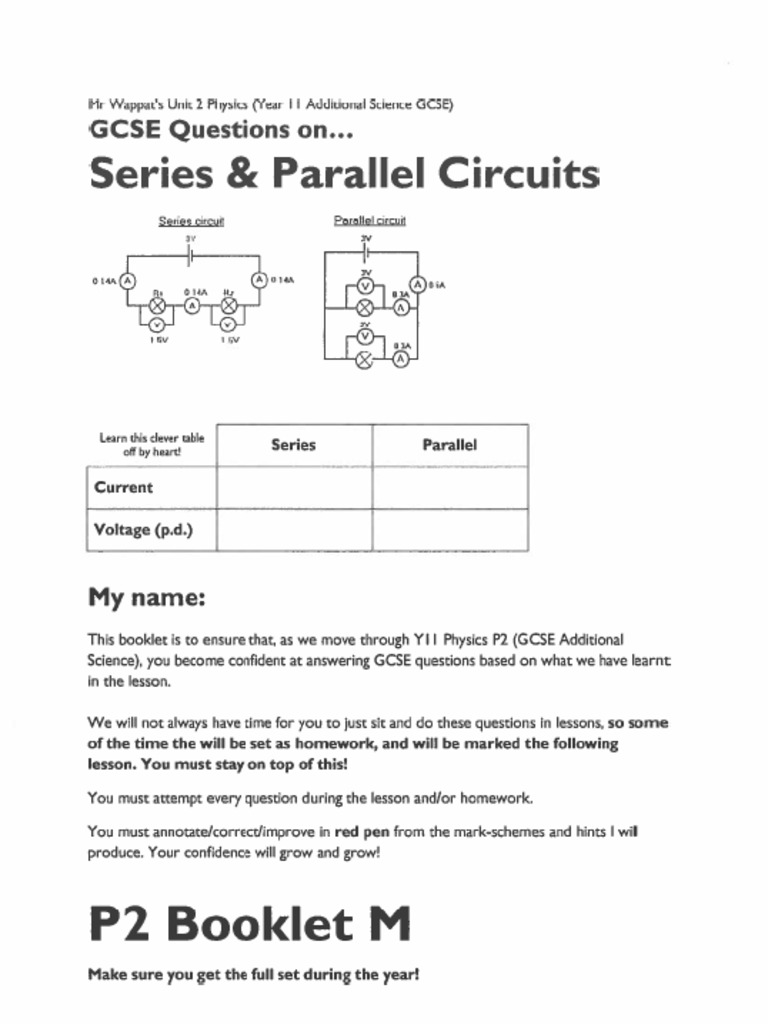 P2 Physics Booklet M (Series Parallel Circuits) GCSE Exemplar Questions ...
