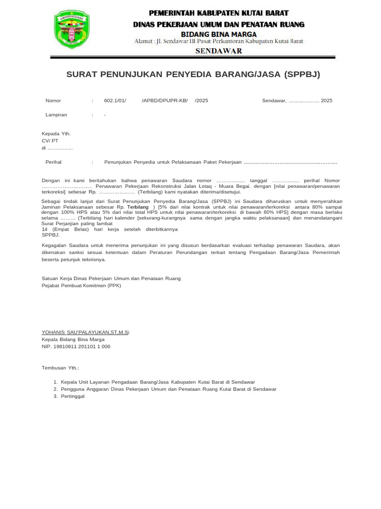 Penunjukan Penyedia Barang/Jasa SPPBJ | PDF