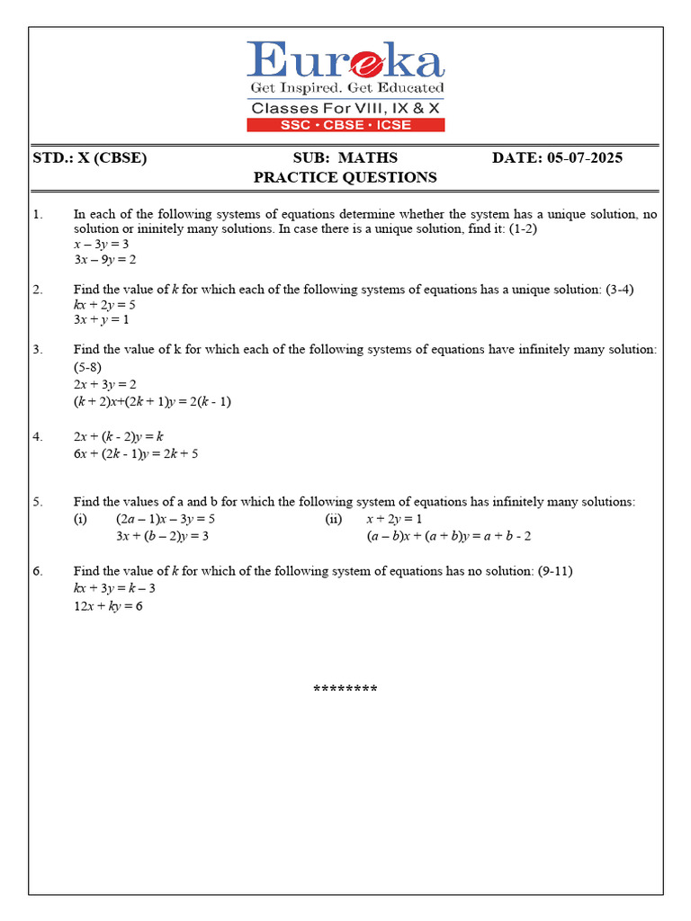 Math Practice Questions for CBSE Std. X | PDF