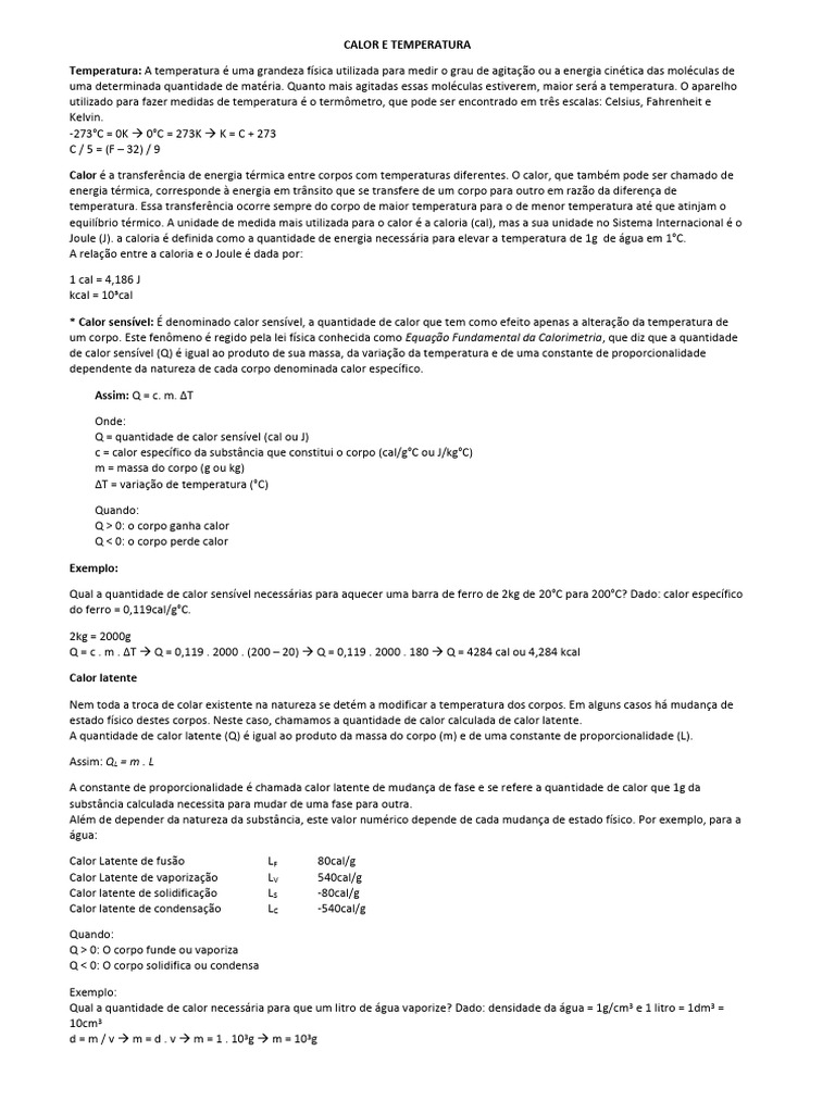 Calor e Temperatura: Conceitos e Cálculos | PDF | Temperatura | Calor