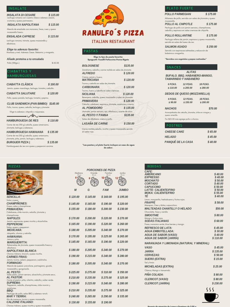 Menú Pizzeria Ranulfo's | PDF | ensalada | Pizza