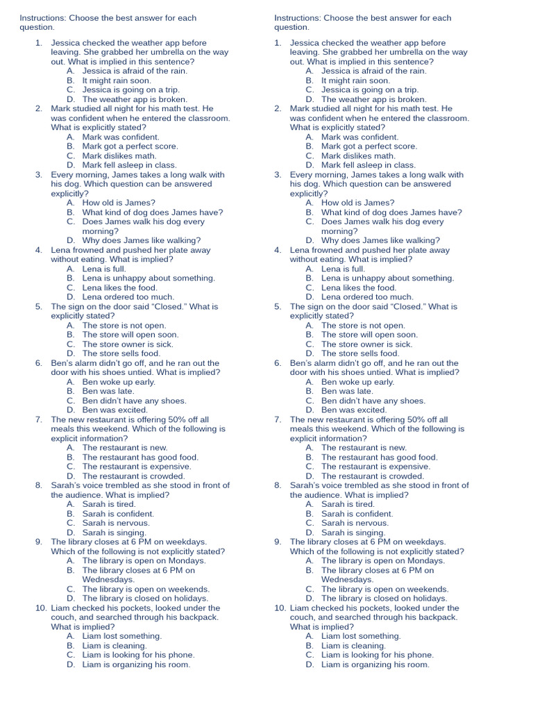 Implied vs Explicit Questions Quiz | PDF | Chess Theory | Chess