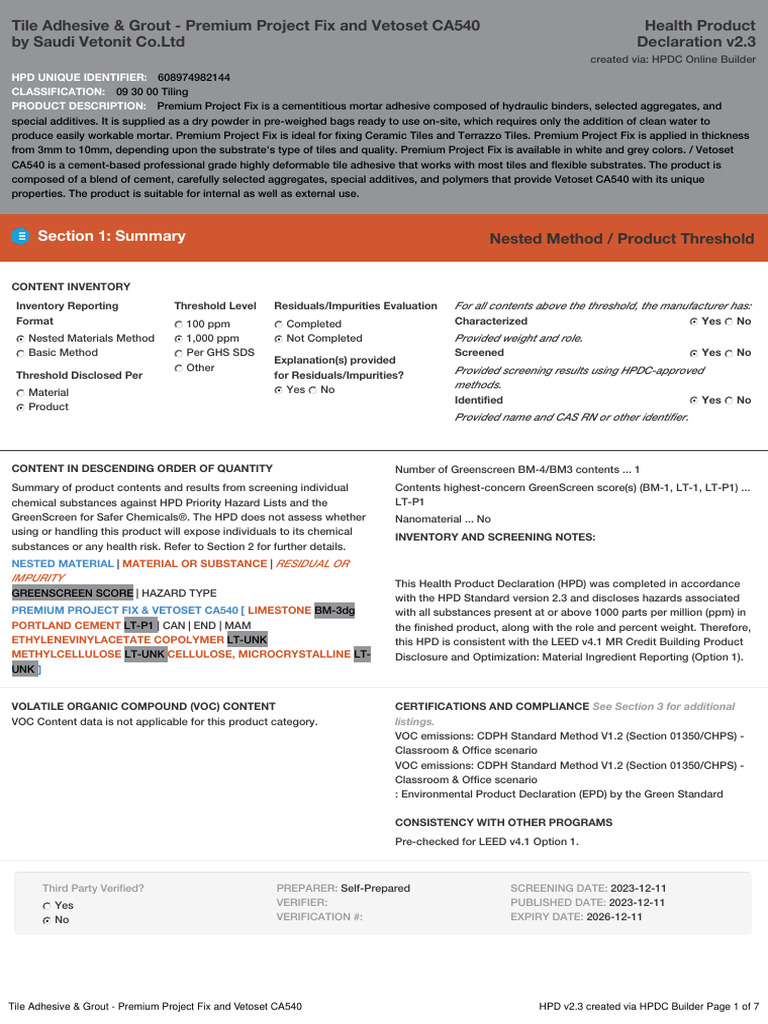HPD Tile Adhesive Grout Premium Project Fix and Vetoset CA540 3 | PDF ...