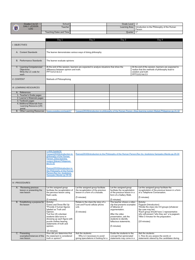 Daily Lesson Log: Philosophy for Grades 12 | PDF | Truth | Theory