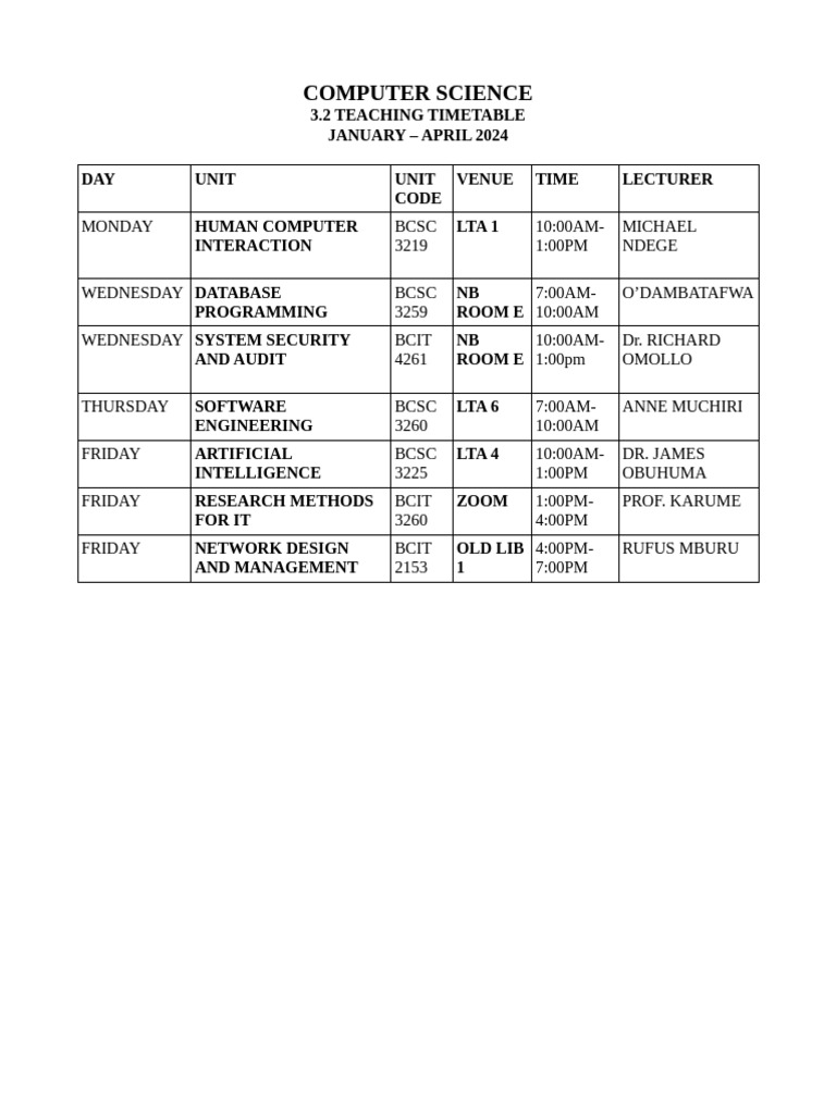 Computer Science Teaching Timetable 2024 | PDF