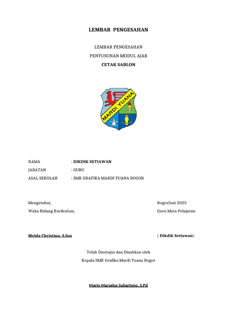 Lembar Pengesahan Modul Sablon | PDF