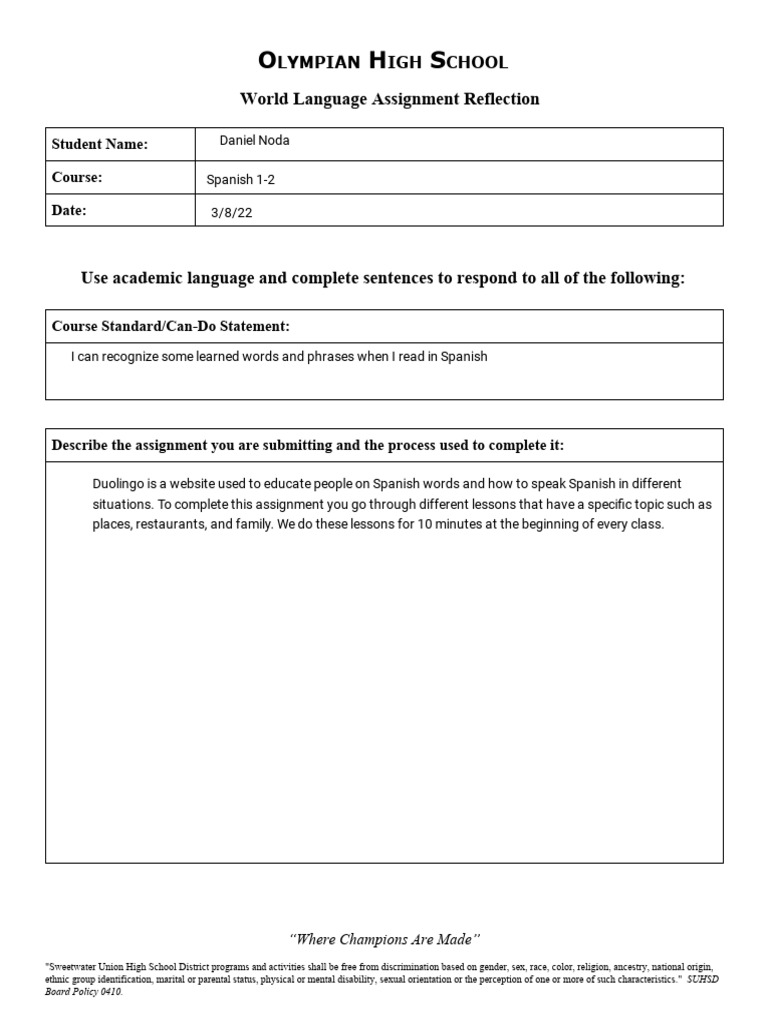 World Language Reflection Form - Student-Led Conference | PDF ...